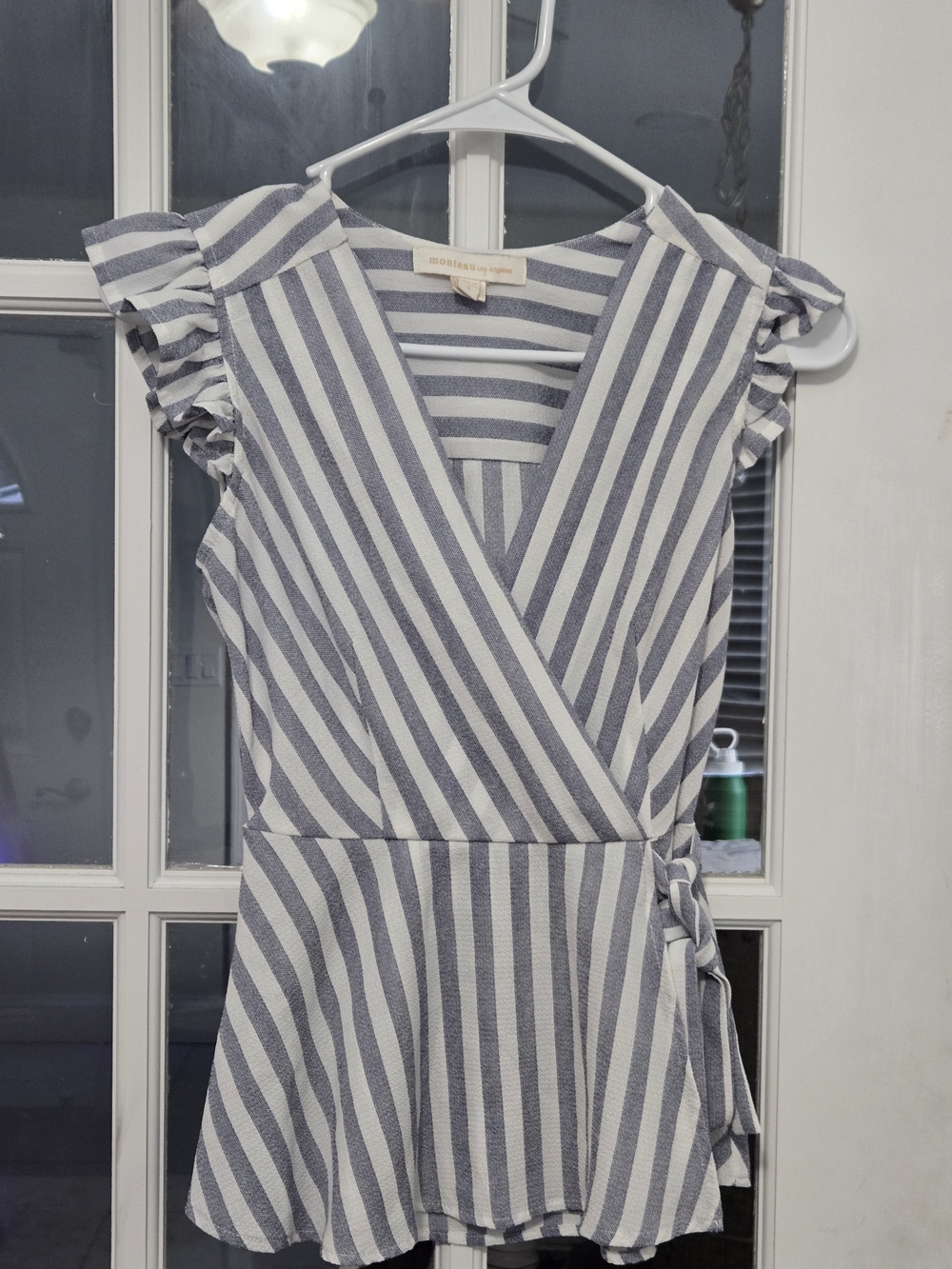 Monteau Blue-Gray & White Striped Wrap Peplum Dress